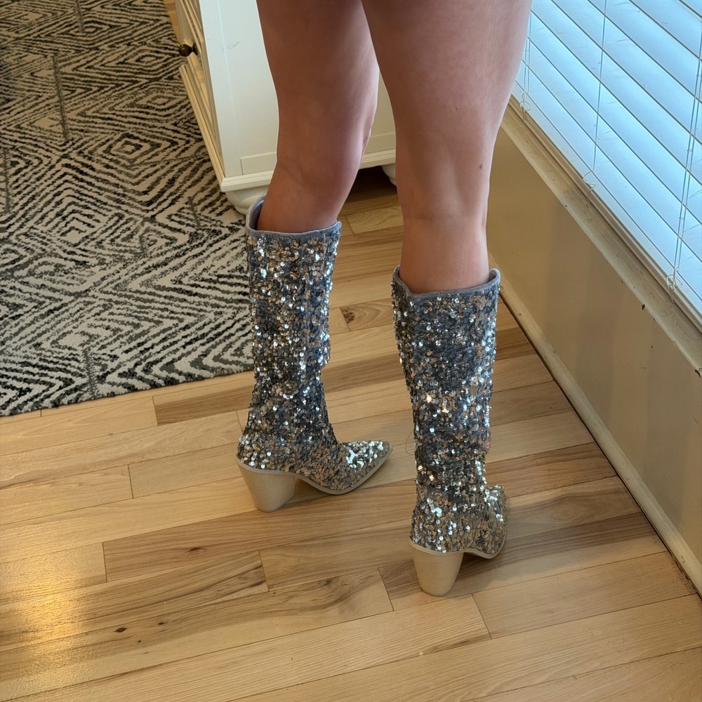 Steve Madden hi heel Boots Tyrus silver Sequin - size 6! NEW! - Picture 3 of 9
